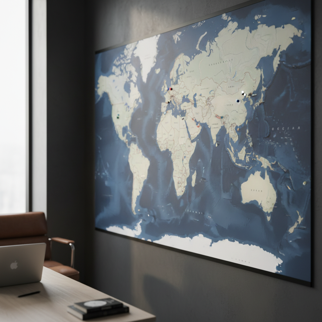 Une grande carte politique du monde extrêmement détaillée, affichée sur un mur sombre et sobre dans un bureau d’analyse stratégique. Les frontières, océans et routes maritimes sont nettement visibles, avec quelques épingles métalliques colorées marquant des zones de tension géostratégique. La scène est éclairée par une lumière naturelle latérale provenant d’une large fenêtre hors champ, créant des reflets doux sur la surface plastifiée de la carte et des ombres discrètes sur le mur. Photographie en vue légèrement en plongée, composition en règle des tiers, profondeur de champ moyenne pour garder la carte parfaitement nette tandis que l’arrière-plan reste légèrement flou. L’atmosphère est sérieuse, professionnelle, rappelant un environnement de réflexion calme sur la marche du monde, dans un style documentaire réaliste.