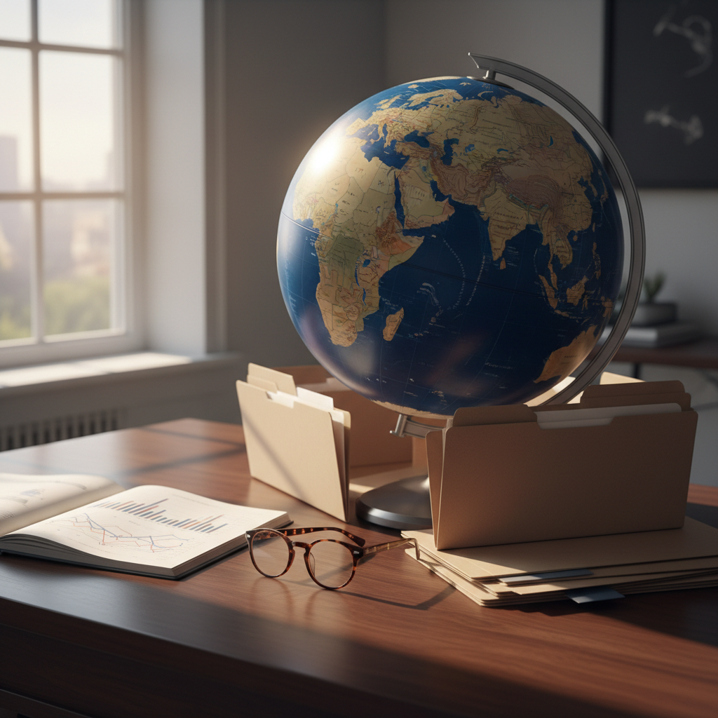 Un globe terrestre contemporain de grande taille, aux mers bleu profond et continents finement détaillés, posé sur un bureau en bois sombre impeccablement rangé. Autour, des dossiers cartonnés neutres, un notebook ouvert affichant un graphique économique sans texte lisible, et une paire de lunettes reposant près du globe, suggérant un travail d’analyse géostratégique. La lumière est une douce clarté de fin d’après-midi provenant d’une fenêtre latérale, créant un éclairage chaud et des ombres allongées sur le bois. Prise de vue à hauteur de table, avec le globe placé sur un point fort de la composition. Style photographique réaliste, ambiance posée et intellectuelle, évoquant un espace où l’on décortique calmement les dynamiques économiques et politiques mondiales.
